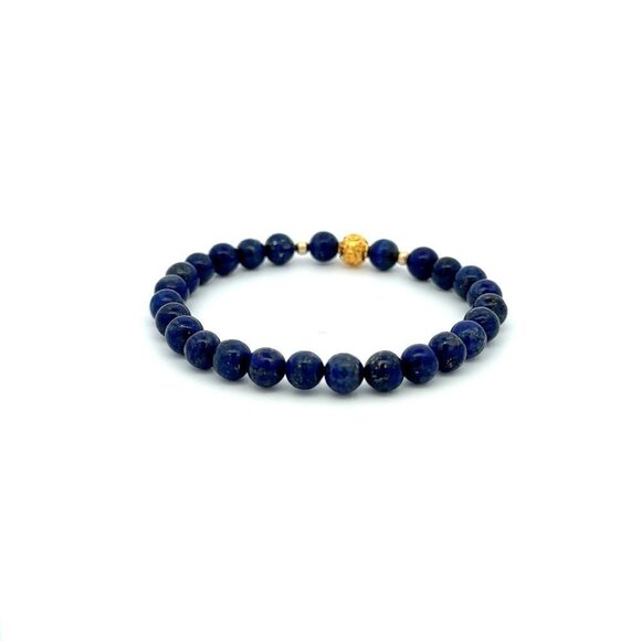 18K Gold Money Ball Lucky Charm Beads Bracelet Gemstones Lapis Lazuli 6mm - Picture 3 of 5